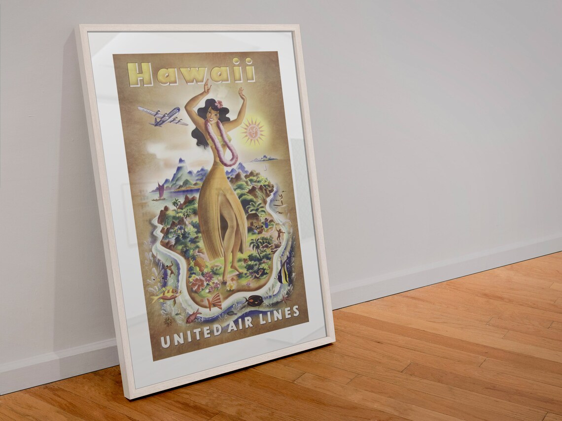 Hawaii United Air Lines Hula Dancer Vintage Airline Travel Poster - Image 4