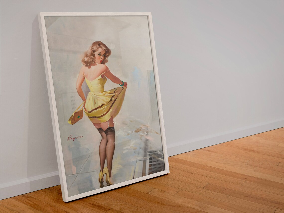 Gil Elvgren Dampened Doll Rainy Day Yellow Dress Pin-Up Poster - Image 4