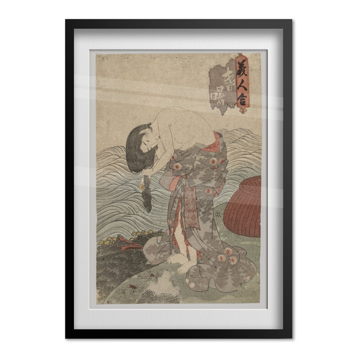Japanese Ukiyo-e Female Pearl Diver Combing Hair Woodblock Poster - Image 4