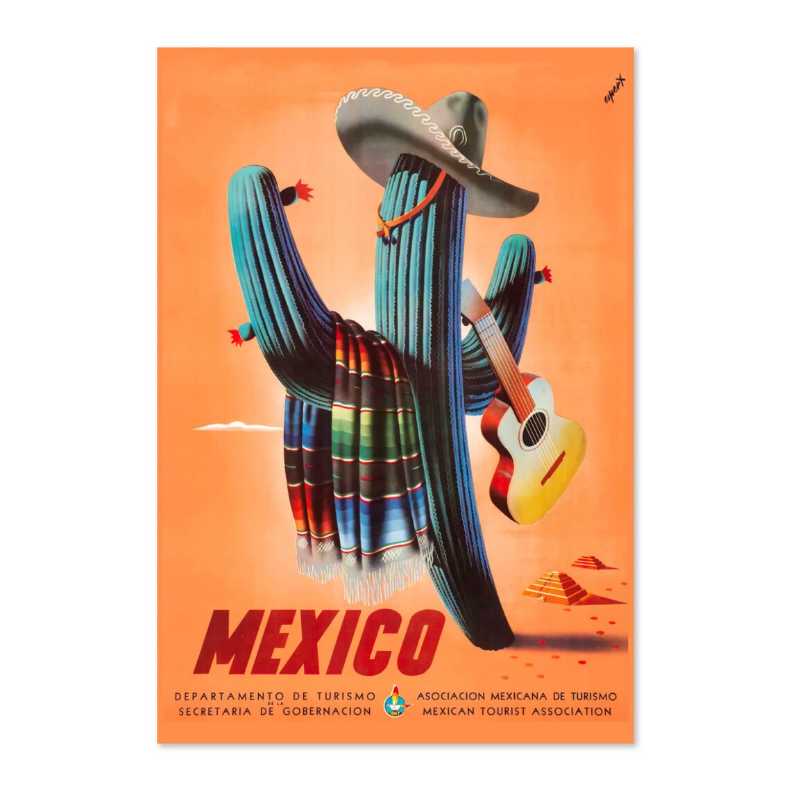 Mexico Saguaro Cactus Sombrero Guitar Tourist Vintage Poster