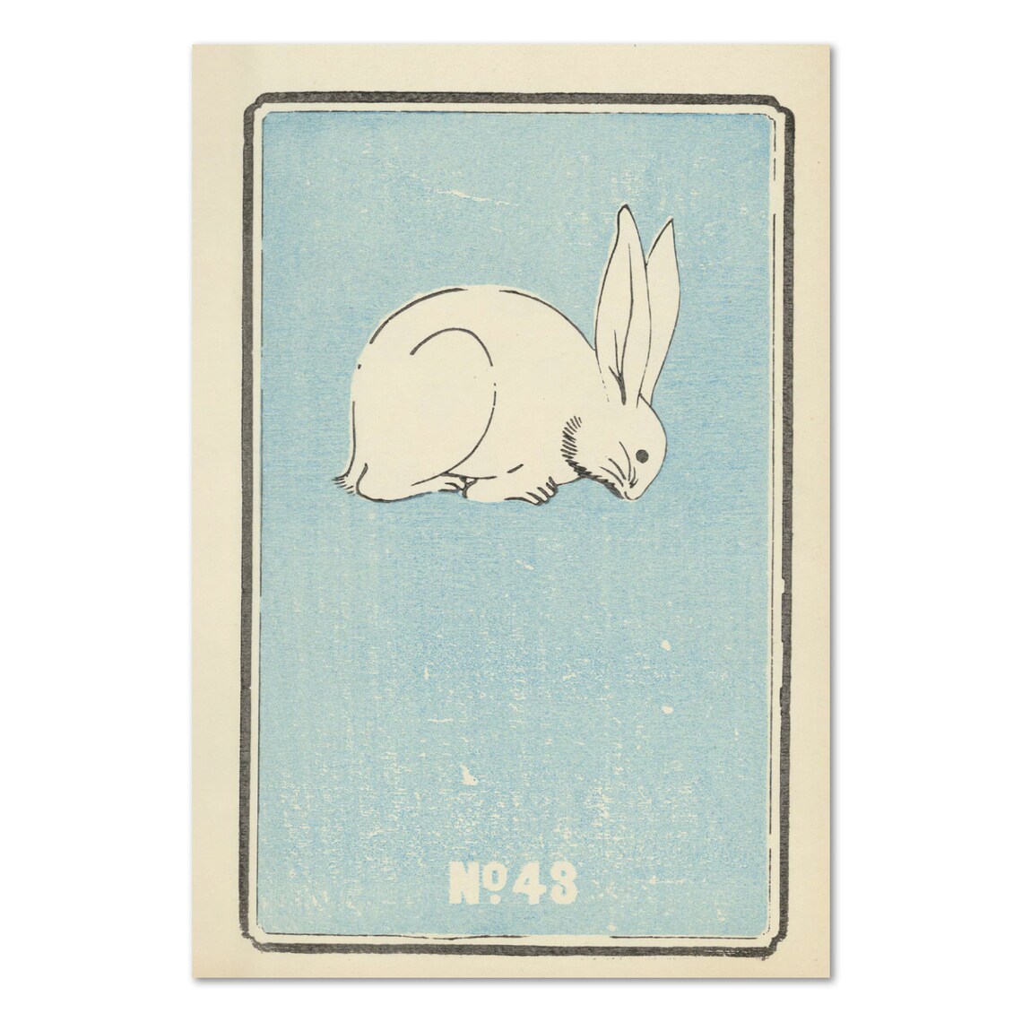 White Rabbit No 48 Minimal Japanese Woodblock Blue Background Poster