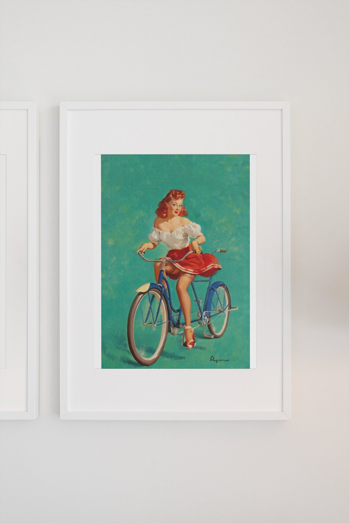 Elvgren Pin Up Girl Bicycle Built for Woo Red Skirt Vintage Poster - Image 3