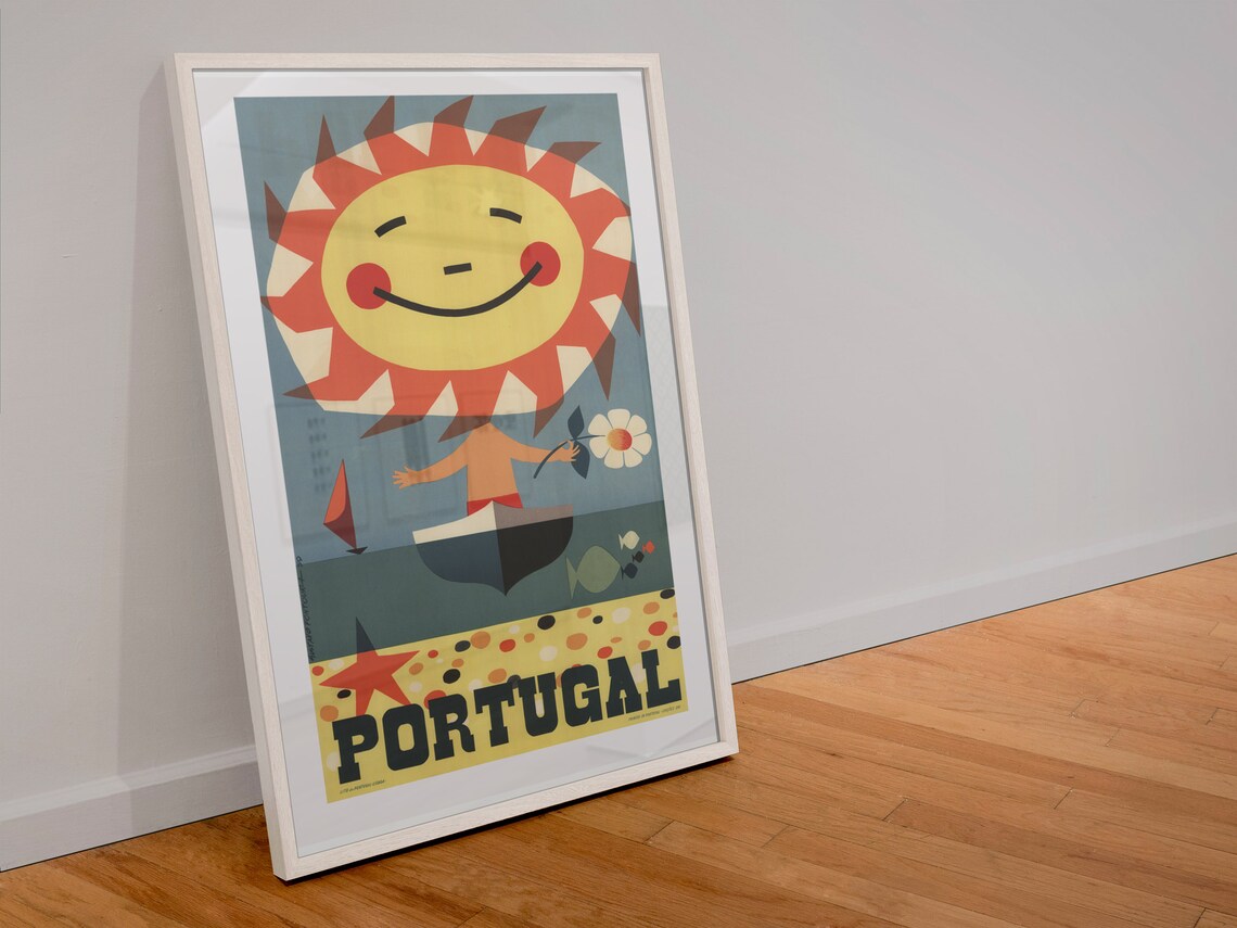 Portugal Smiling Sun Sailboat Mid Century Beach Travel Poster - Image 4