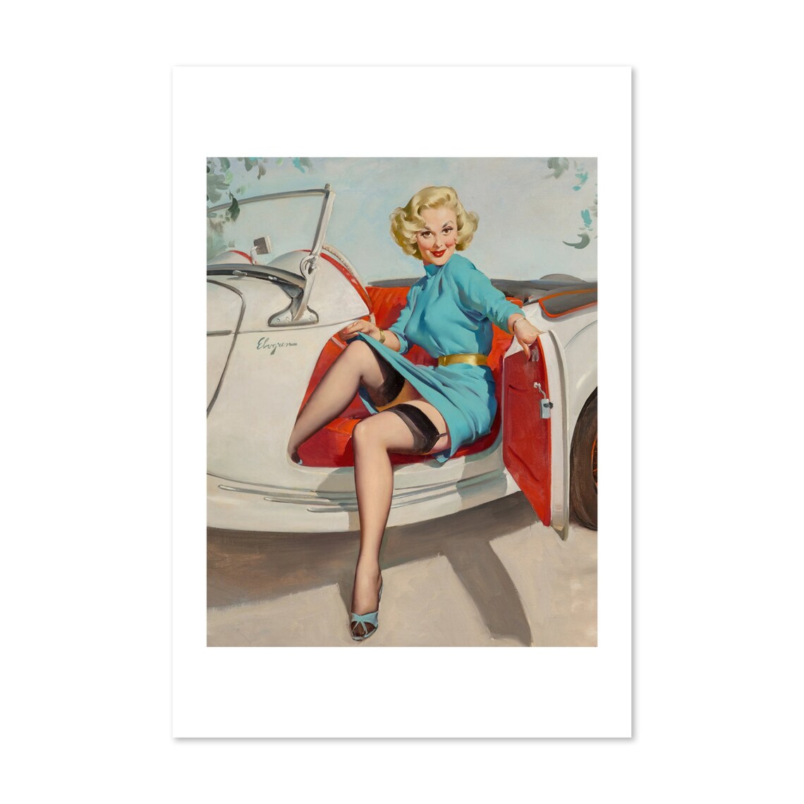 Gil Elvgren Lets Go Driving Red Convertible Car Pinup Poster