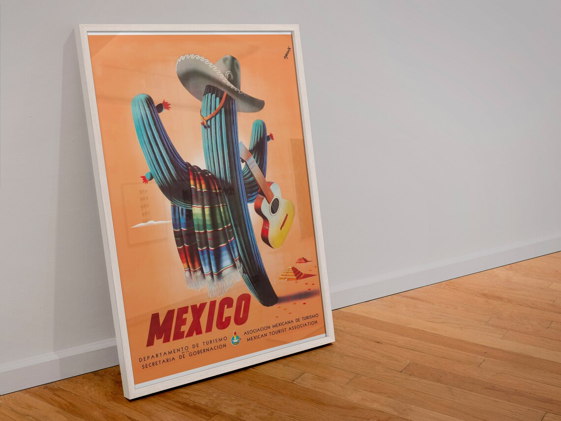 Mexico Saguaro Cactus Sombrero Guitar Tourist Vintage Poster - Image 4