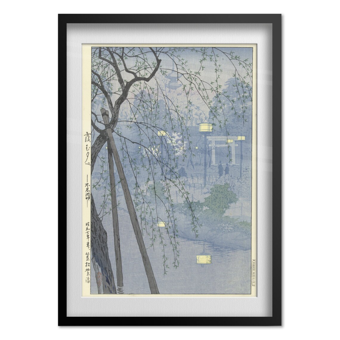 Shinobazu Pond Evening Lanterns Willow Japanese Woodblock Poster - Image 4