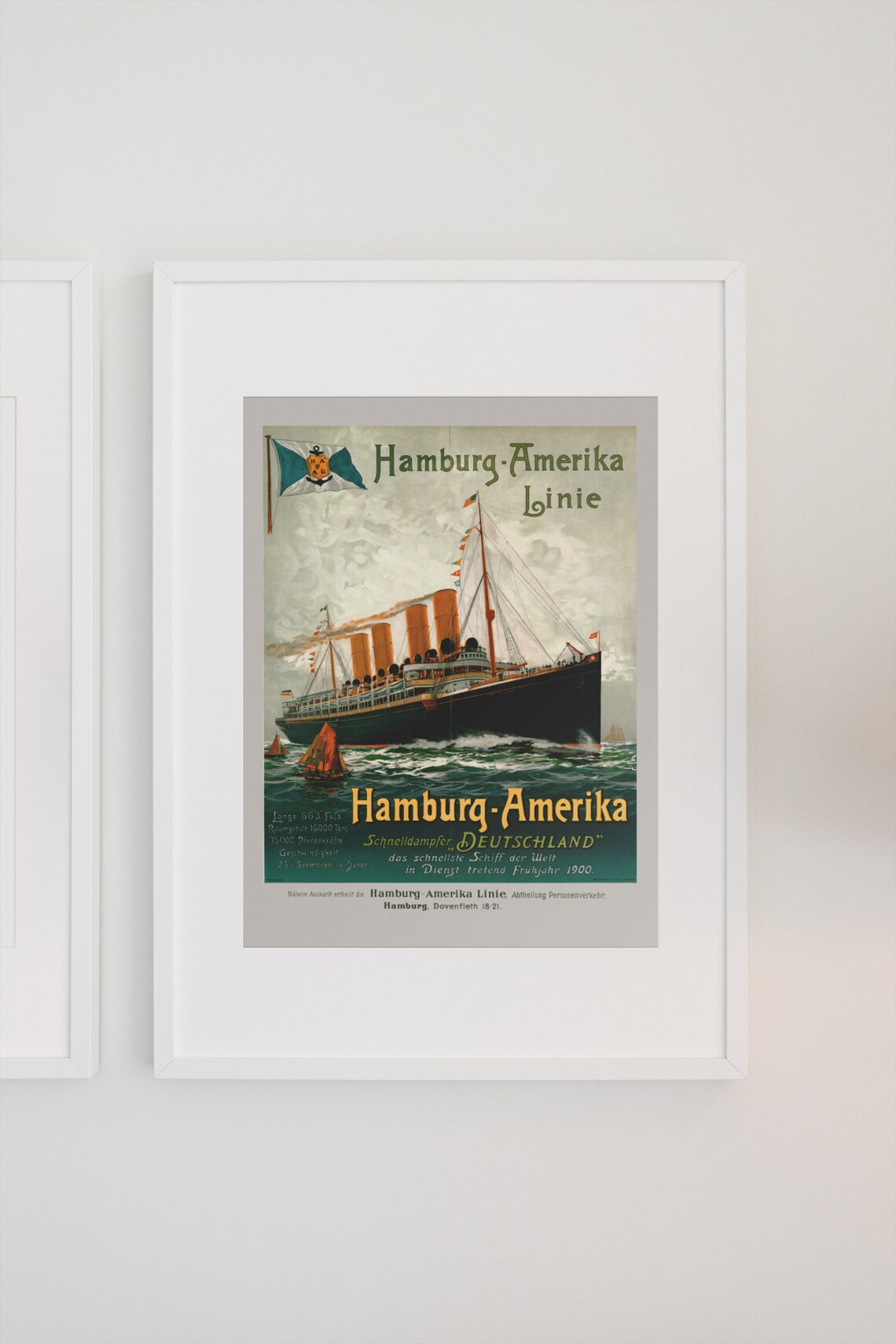 1900 Hamburg Amerika Line Vintage Travel Poster, Ocean Liner - Image 3