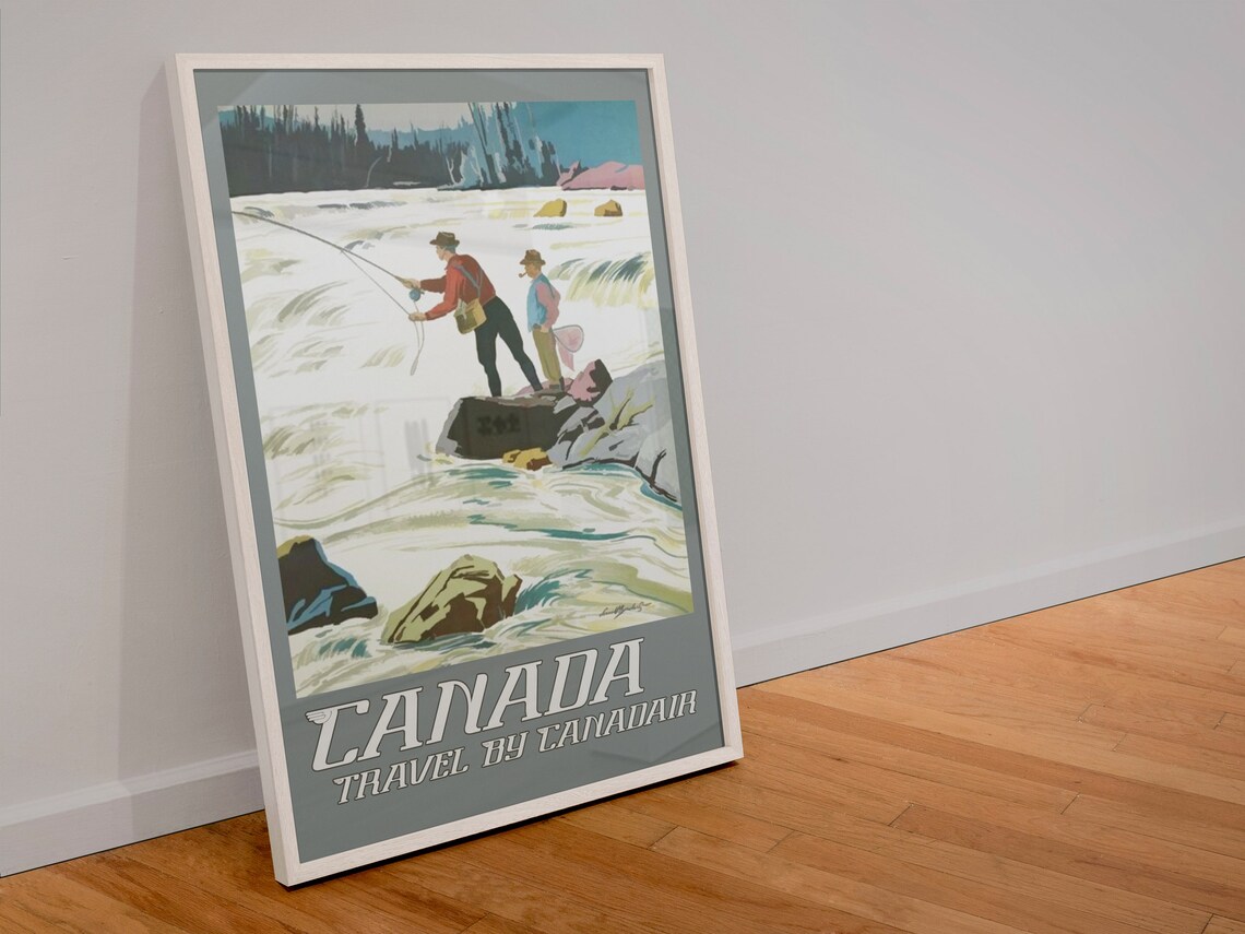 Canada Fly Fishing Wild Rapids Travel By Canadair Vintage Poster - Image 4