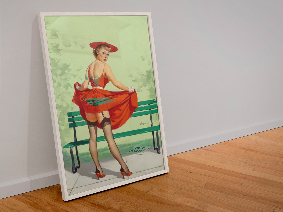 Elvgren Pin Up Girl Wet Paint Bench Red Dress Vintage Art Poster - Image 4