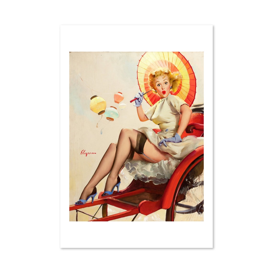 Elvgren Pin Up Girl Rickshaw Ride Parasol Lanterns Vintage Poster