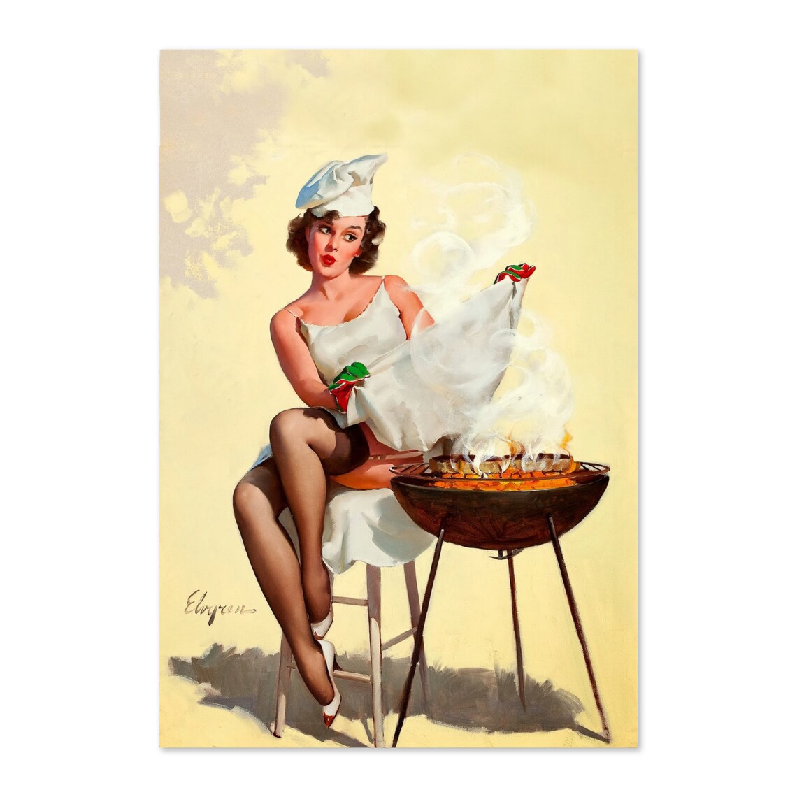 Gil Elvgren Barbecutie Grilling Pin-Up Girl Chef Hat Kitchen Poster