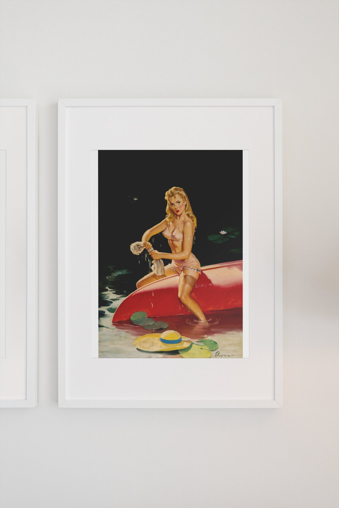 Elvgren Pin Up Girl Red Canoe Night Swim Lake Vintage Art Poster - Image 3