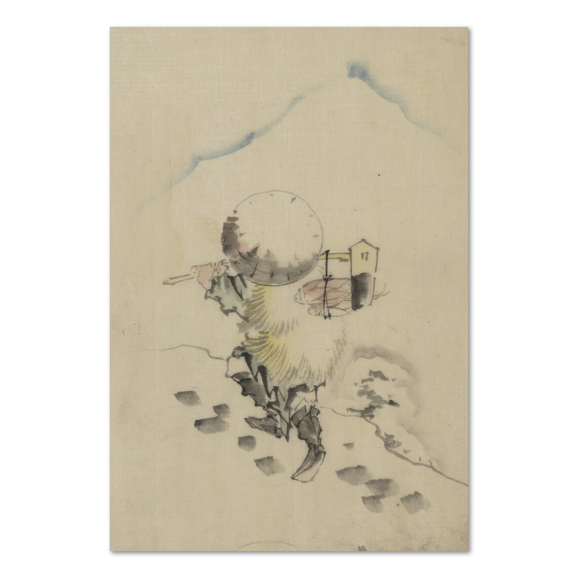 Vintage Japanese Traveler Climbing Snowy Mountain Ink Sketch Poster