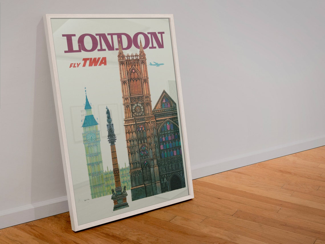 Vintage Fly TWA London Big Ben Westminster Abbey Retro Poster - Image 4