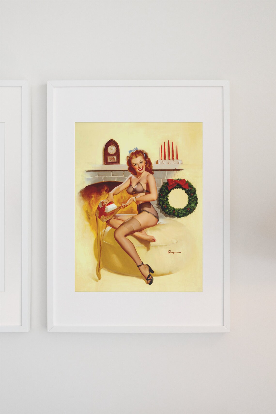 Gil Elvgren Redhead Christmas Stocking Stuffer Fireplace Poster - Image 3