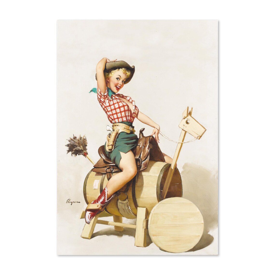 Elvgren Cowgirl on a Toy Horse Classic American Pin Up Poster
