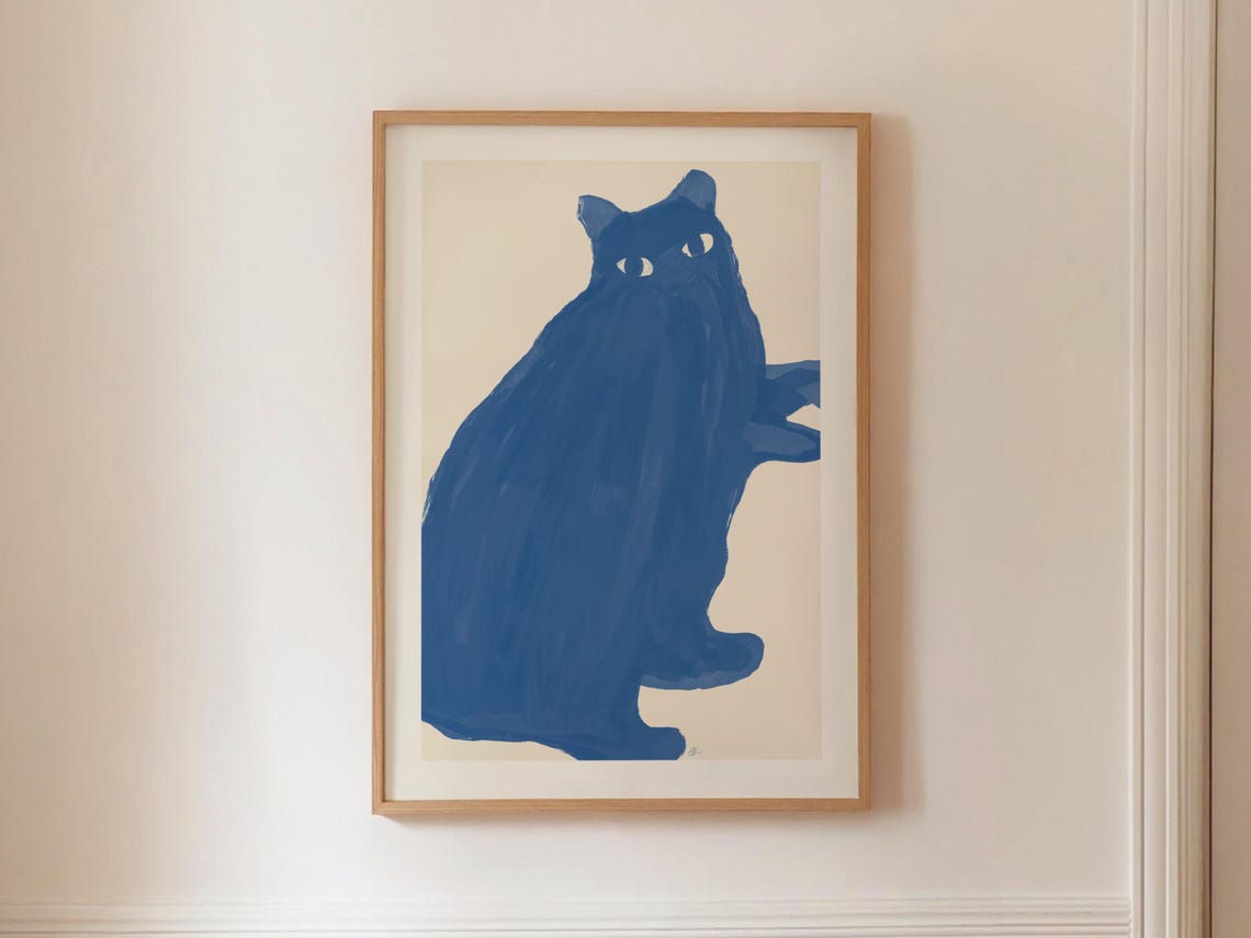 Blue Cat Waving Paw Minimalist Abstract Feline Painting Modern Poster