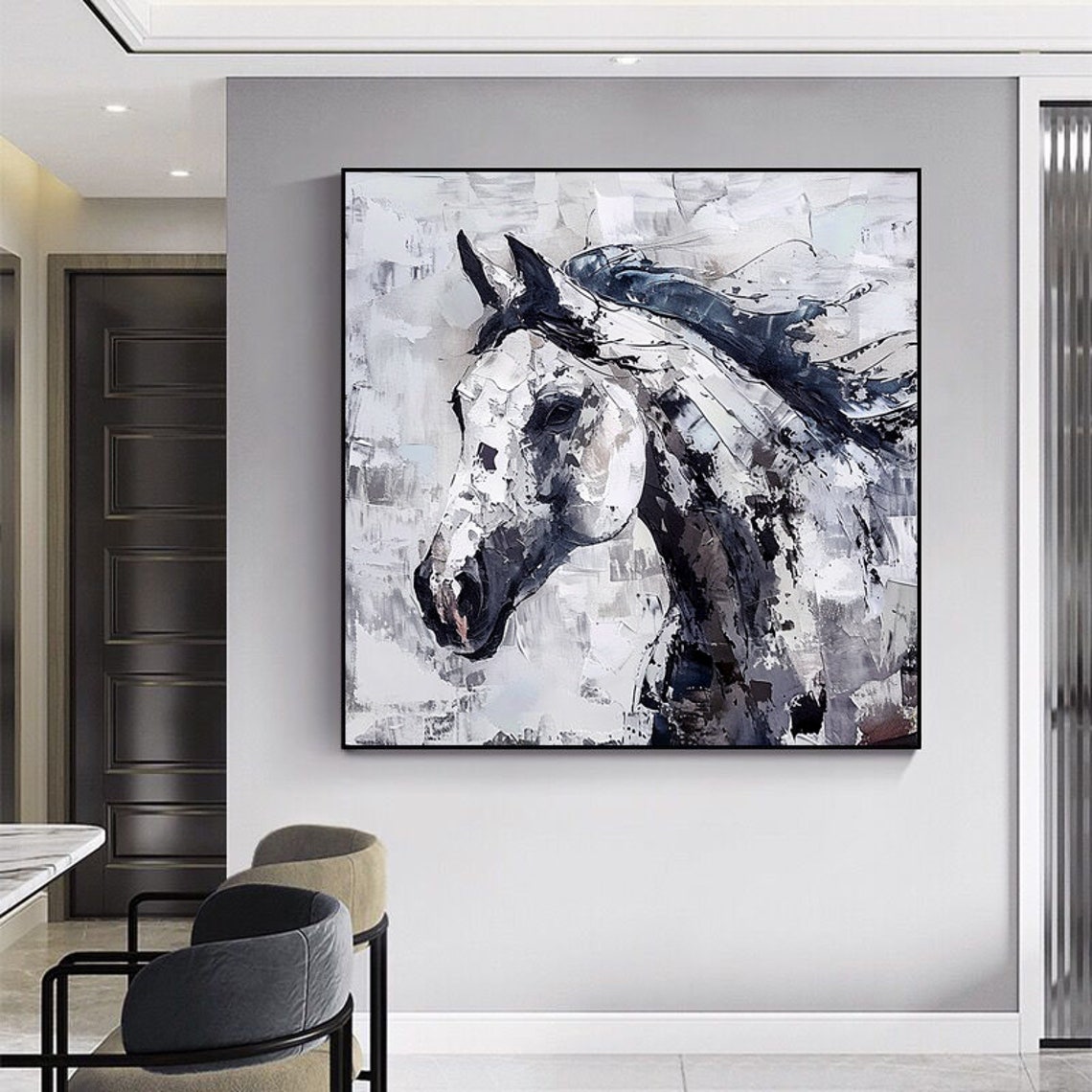 Gray White Horse Portrait Thick Palette Knife Expressive Art Poster - Image 6