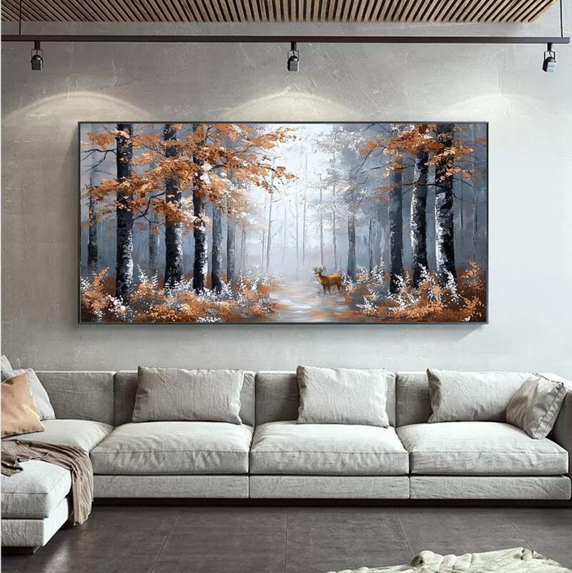 Rustic Autumn Birch Forest with Deer Misty Woodland Scene Poster - Image 3