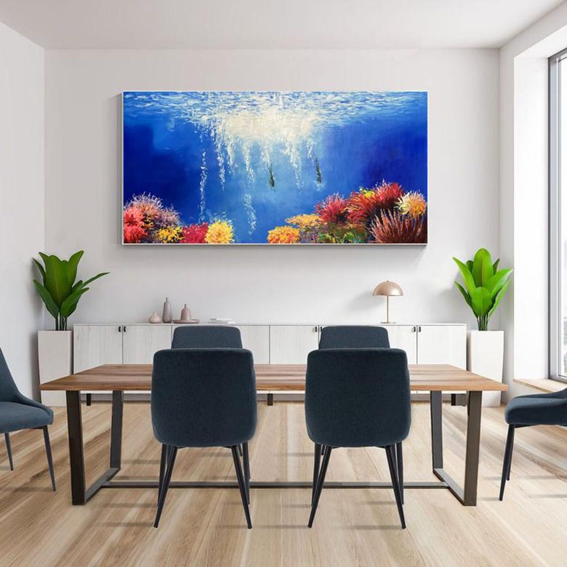 Underwater Ocean Coral Reef with Divers Blue Seascape Poster - Image 2