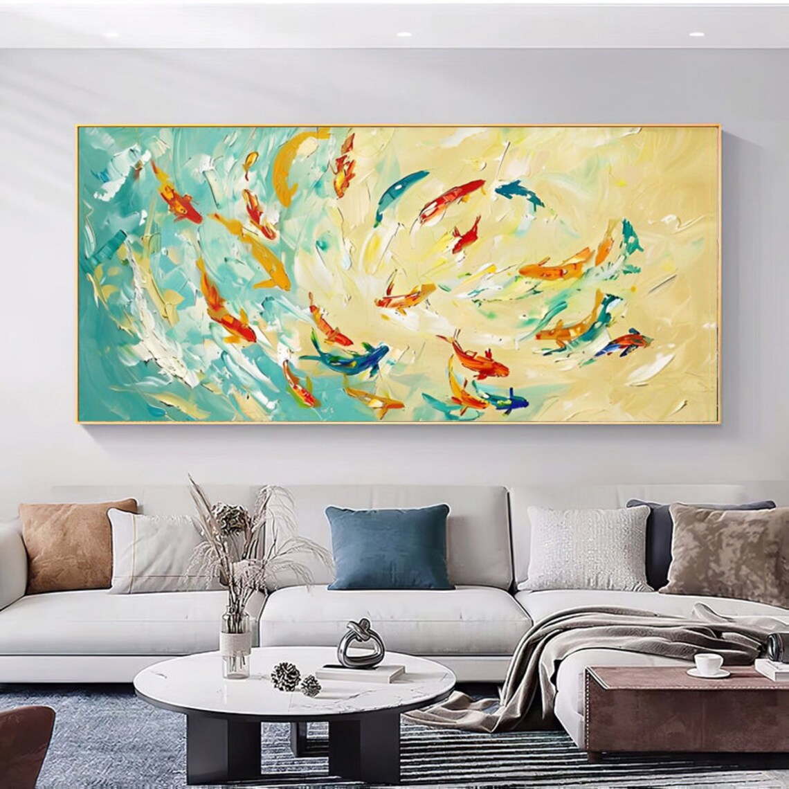 Koi Fish Swirling In Yellow Teal Abstract Water Art Painting Poster - Image 5