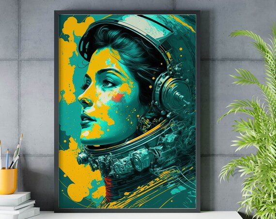 Space Female Astronaut Helmet Teal Yellow Pop Portrait Wall Art