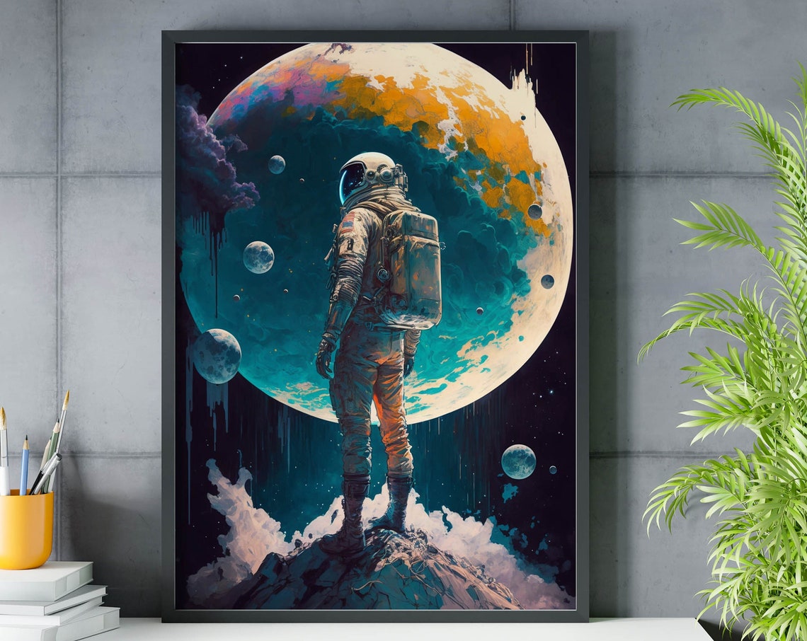 Astronaut Before Giant Planet Moons Epic Deep Space Scene Poster