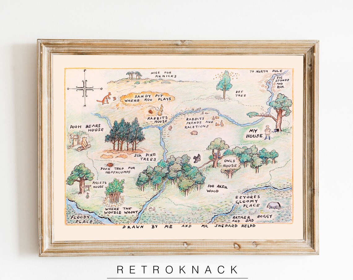 Winnie the Pooh 100 Acre Wood Map E.H. Shepard Vintage Kids Room Print