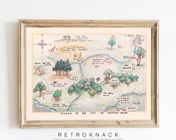 Winnie The Pooh 100 Acre Wood Map Vintage Illustration Kids Room Woodland Nursery Decor Nu39