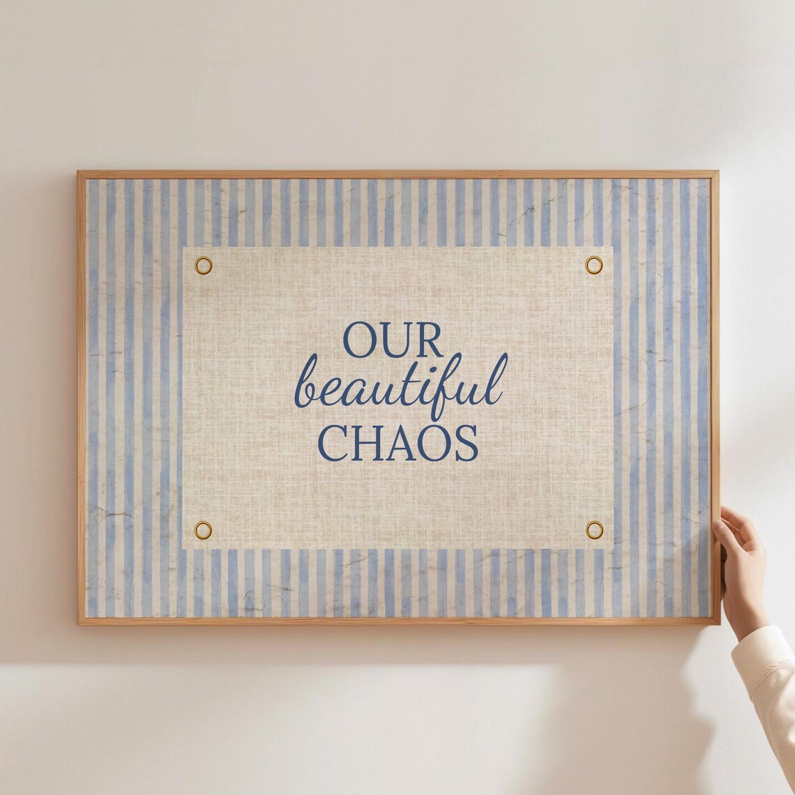 Our Beautiful Chaos Navy Linen Banner Blue Striped Family Wall Art