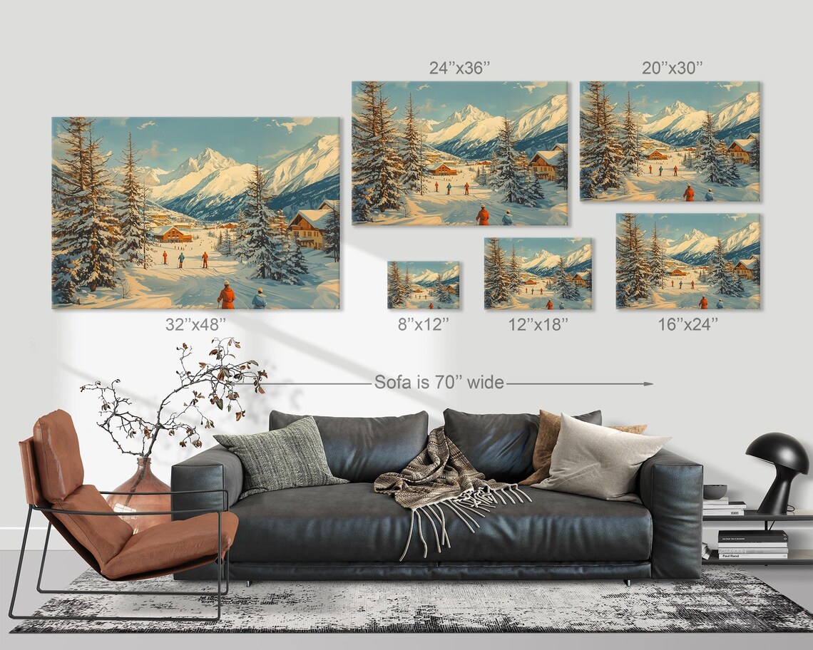 Vintage Alpine Ski Village Scene With Snowy Mountain Peaks Wall Art - Image 3