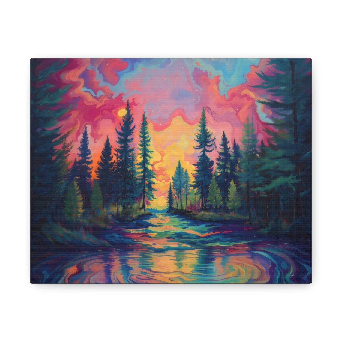 Psychedelic Pine Forest Sunset Over Rainbow Lake Reflections Print - Image 3