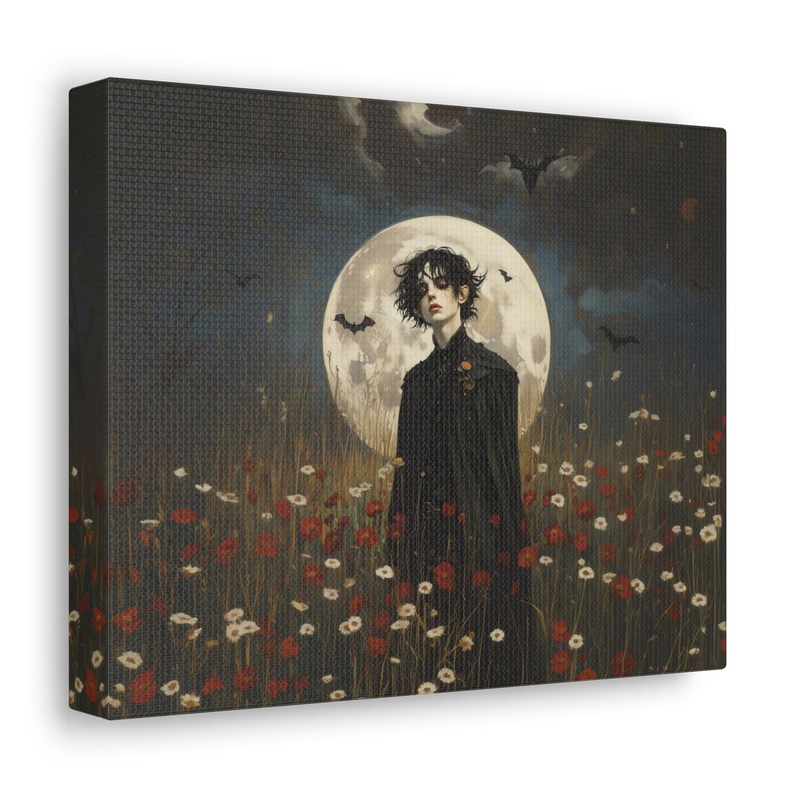 Vampire Standing Before a Full Moon with Bats in Wildflowers Gothic Poster - Image 3