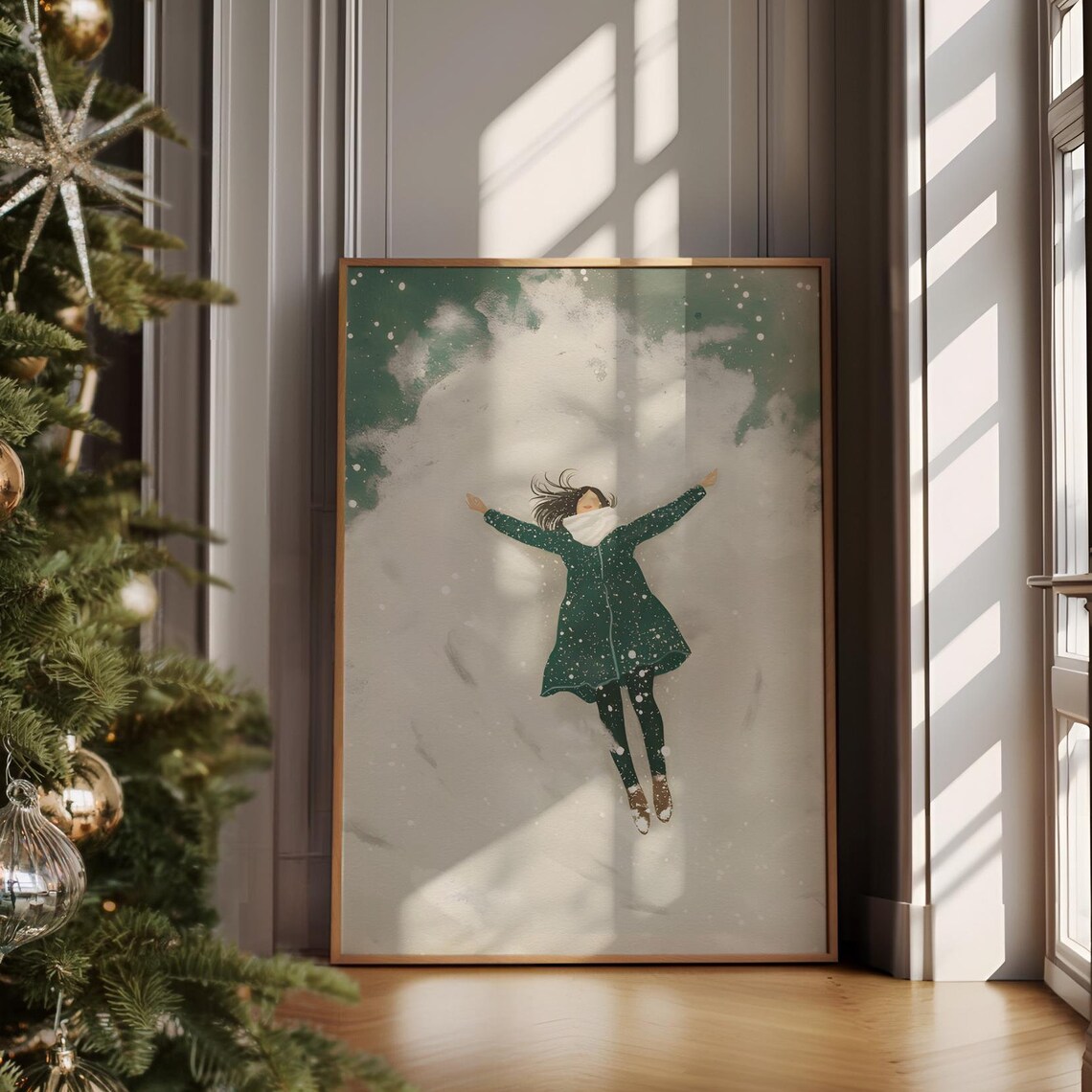 White And Green Snow Angels Retro Winter Poster