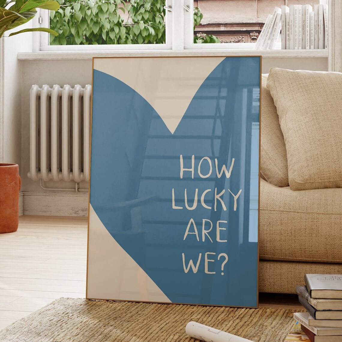 How Lucky Are We Blue Heart Minimal Handwritten Style Poster
