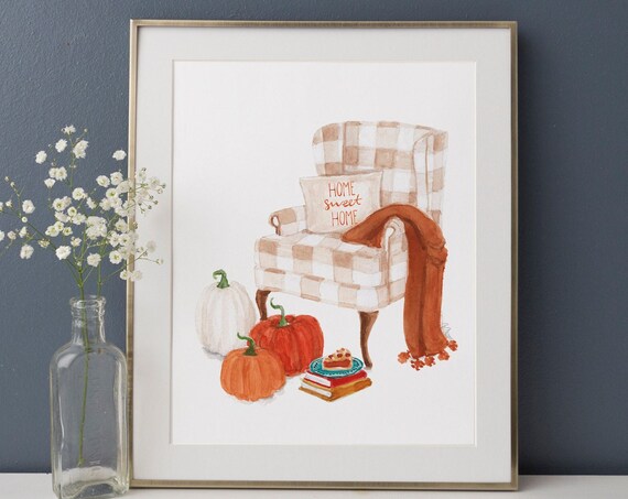 Gingham Armchair with Home Sweet Home Pillow and Pumpkins Poster