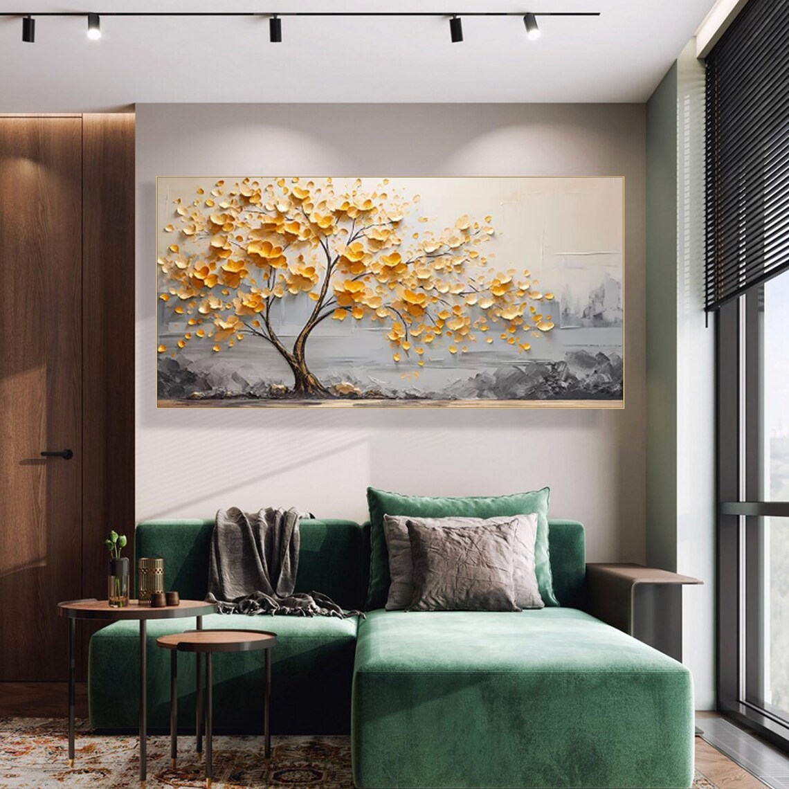 Golden Tree Textured Oil Painting with Falling Leaves on Gray Background Poster - Image 3