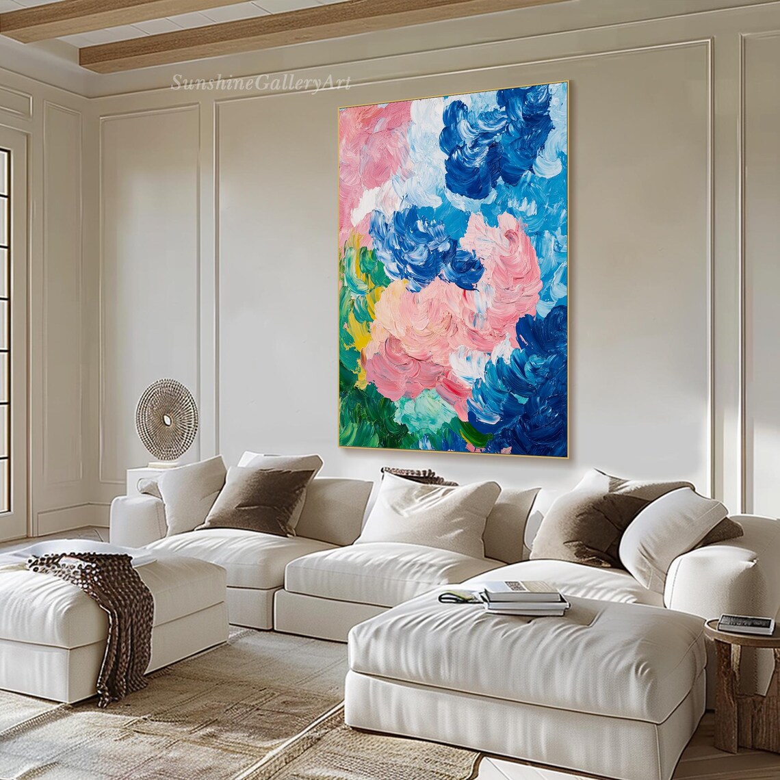 Abstract Pink Blue Peony Blooms Heavy Impasto Flower Art Poster - Image 2