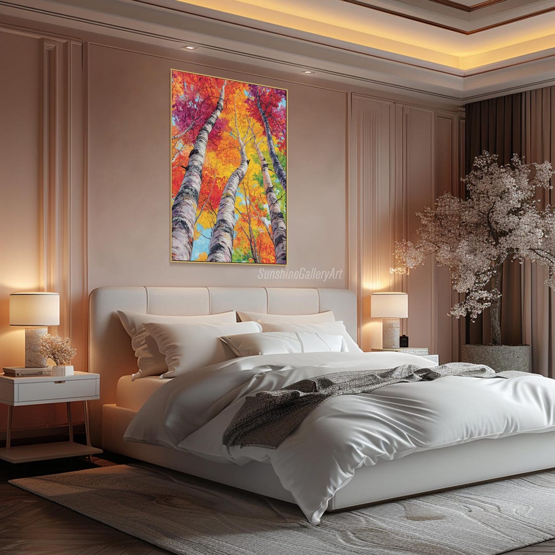 Towering Birch Trees With Fiery Autumn Canopy Oil Painting Poster - Image 3