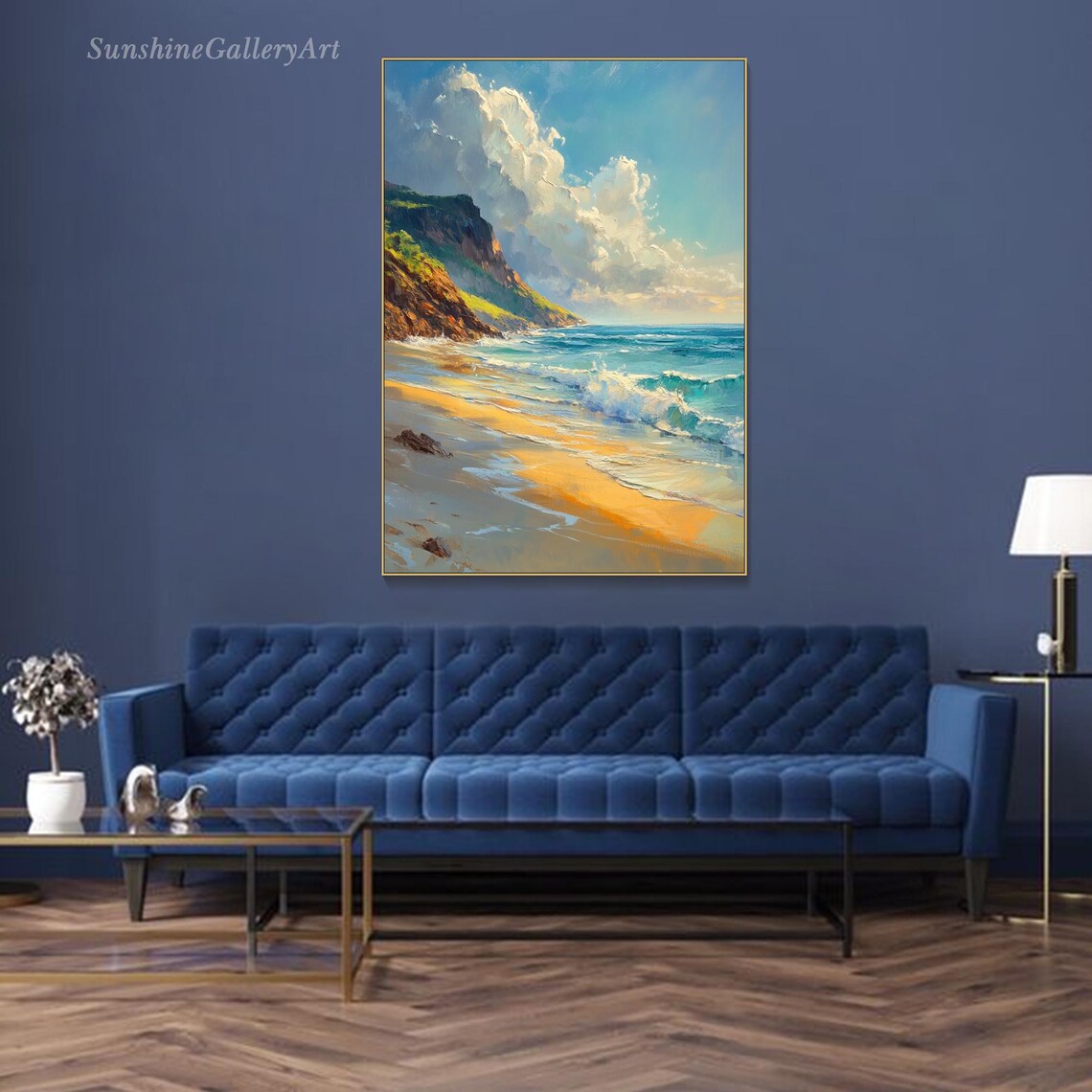 Turquoise Waves Golden Beach Oil Painting Rocky Cliffs Cloudy Sky Coastal Art Poster - Image 3