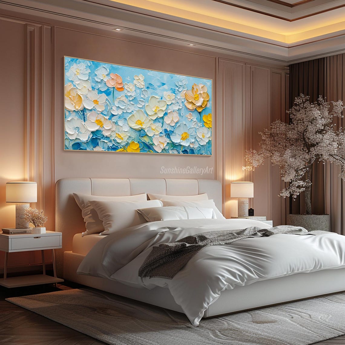 Impasto Blooms In White Yellow Orange On Bright Blue Art Poster - Image 3