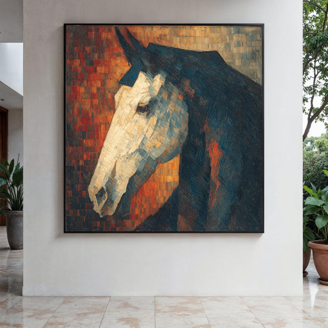 Mosaic Horse Head Painting in Warm Rust and Blue Tones Poster