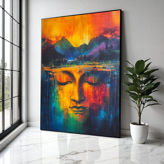Vibrant Buddha Face Canvas Abstract Spiritual Wall Art Colorful Meditation Decor Tranquil Expression Gift Home Print