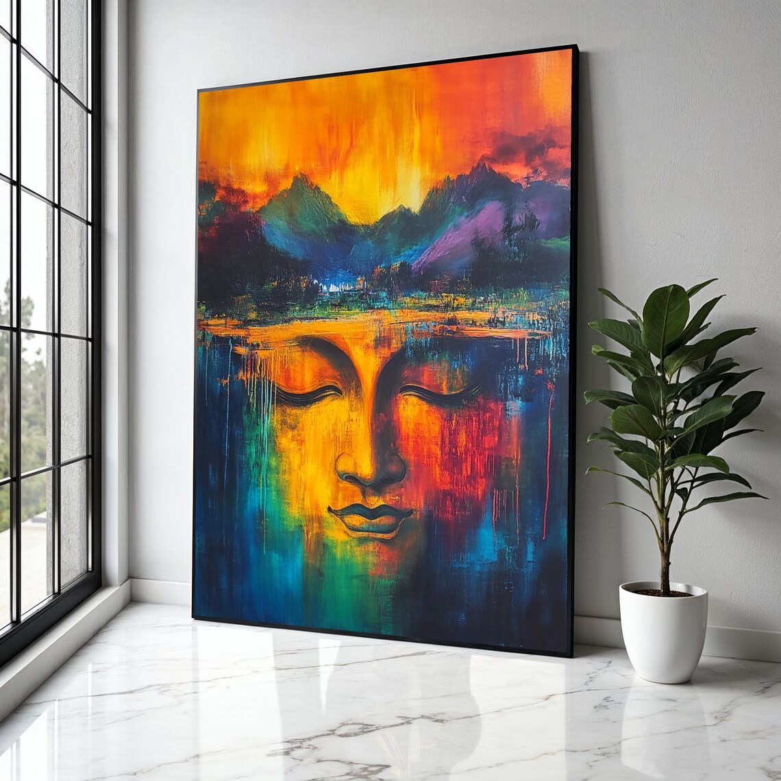 Buddha Face Double Exposure Mountain Sunset Landscape Poster