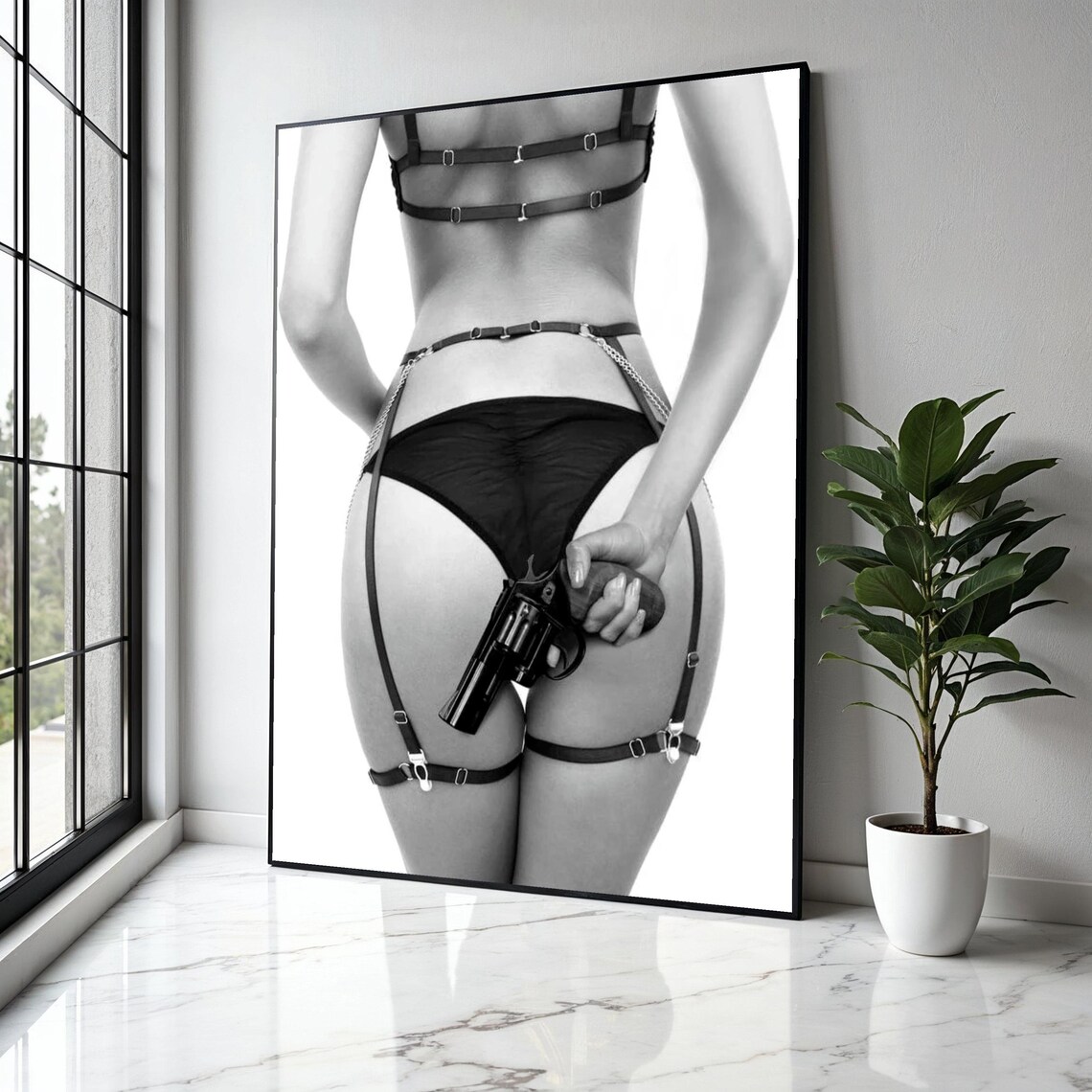 Black White Boudoir Lingerie Revolver Edgy Fashion Art Poster