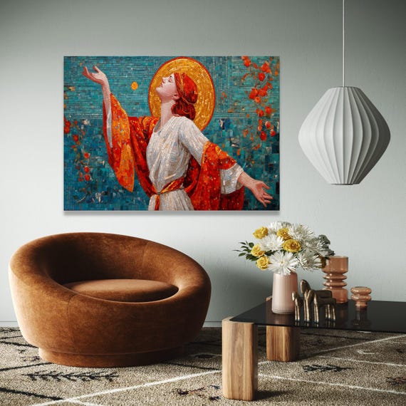 Radiant Woman Mosaic Canvas Art Nouveau Wall Vibrant Red And Gold Spiritual Home Decoration Gift Decor Print
