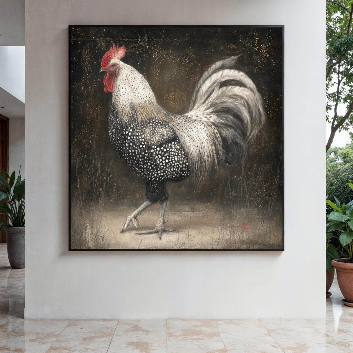 Speckled Rooster Ink Wash Painting on Dark Gold Background Poster