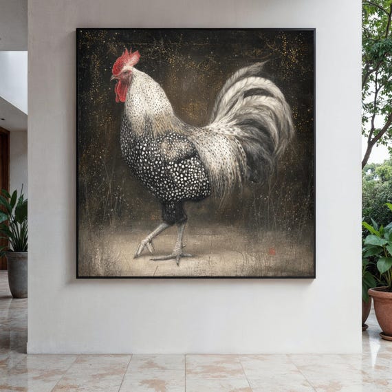 Majestic Speckled Rooster Canvas Farm Animal Wall Art Rustic Poultry Illustration Country Home Decoration Gift Decor Print