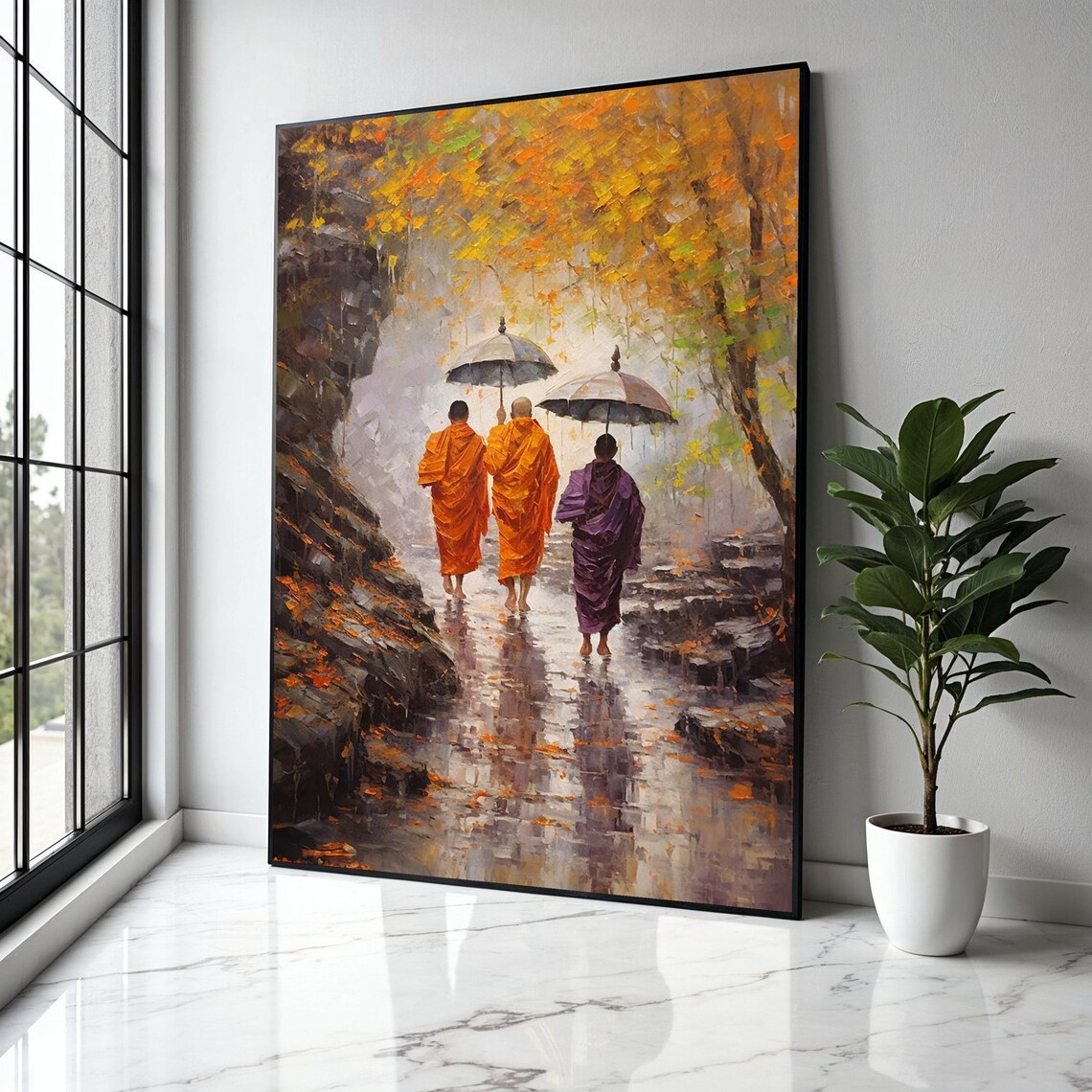 Monks Walking With Umbrellas, Autumn Scene Art Print