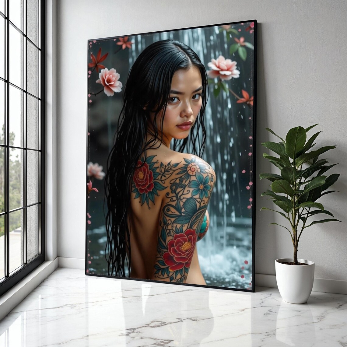 Tattooed Asian Beauty Waterfall Portrait Floral Ink Art Poster